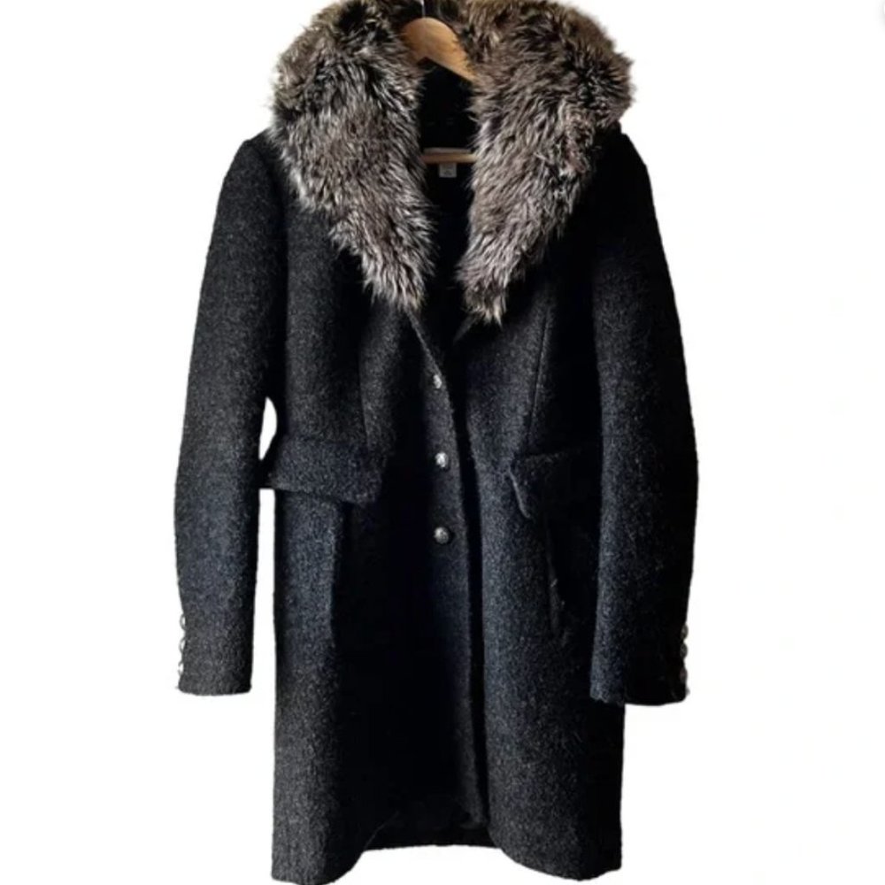 Dark Gray Coldwater Creek Wool Blend Coat w/ Detachable Fur Collar Size Med